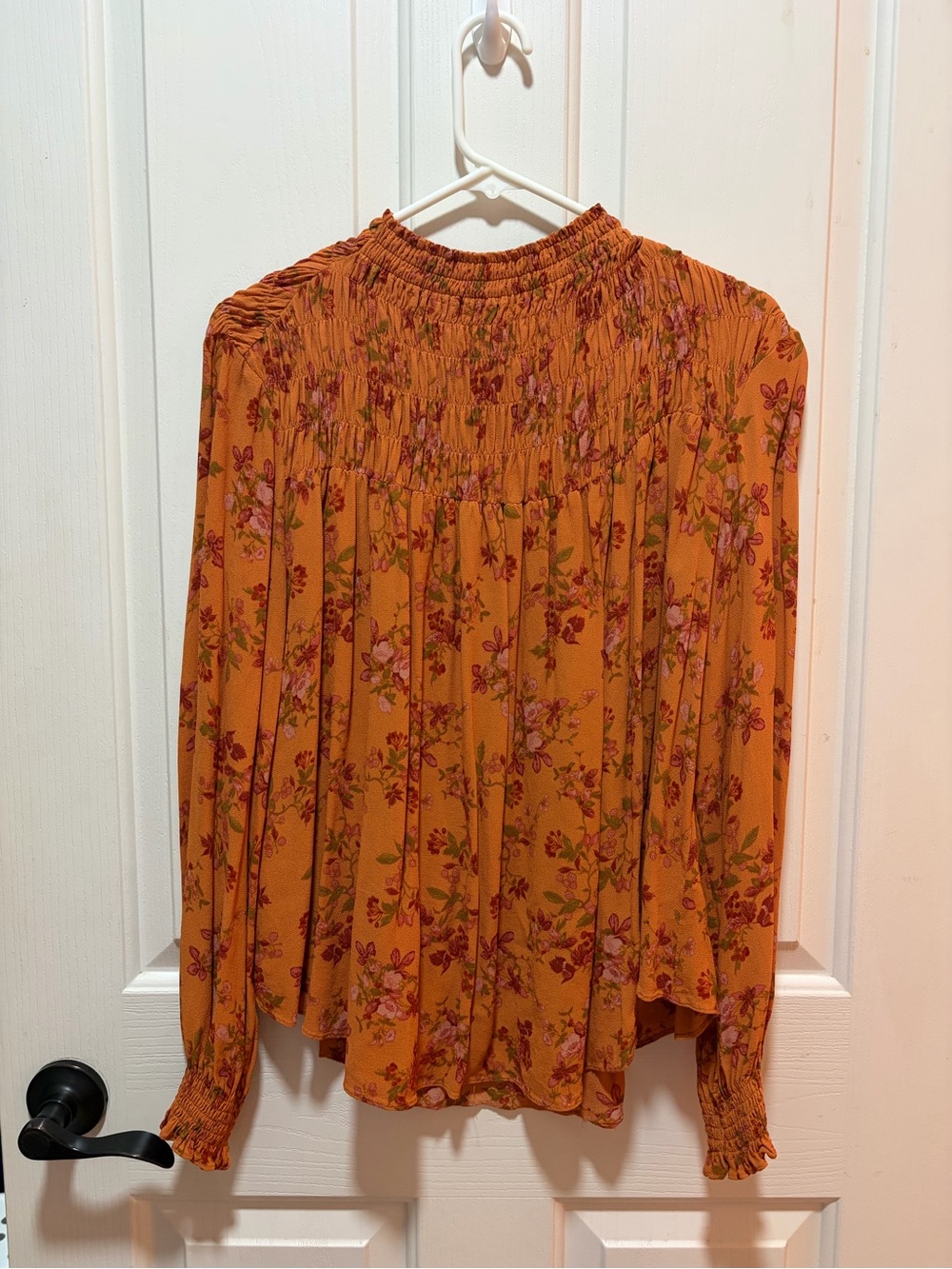 Smocked High-Neck Floral Blouse in Orange